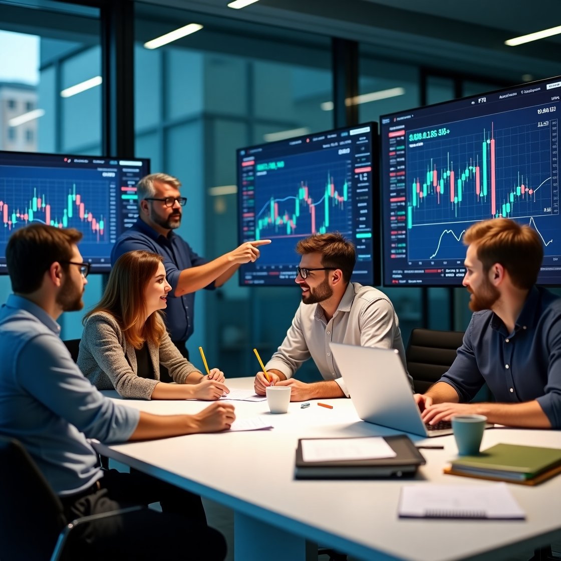 flux dev a bustling trading team of five diverse individuals e 3